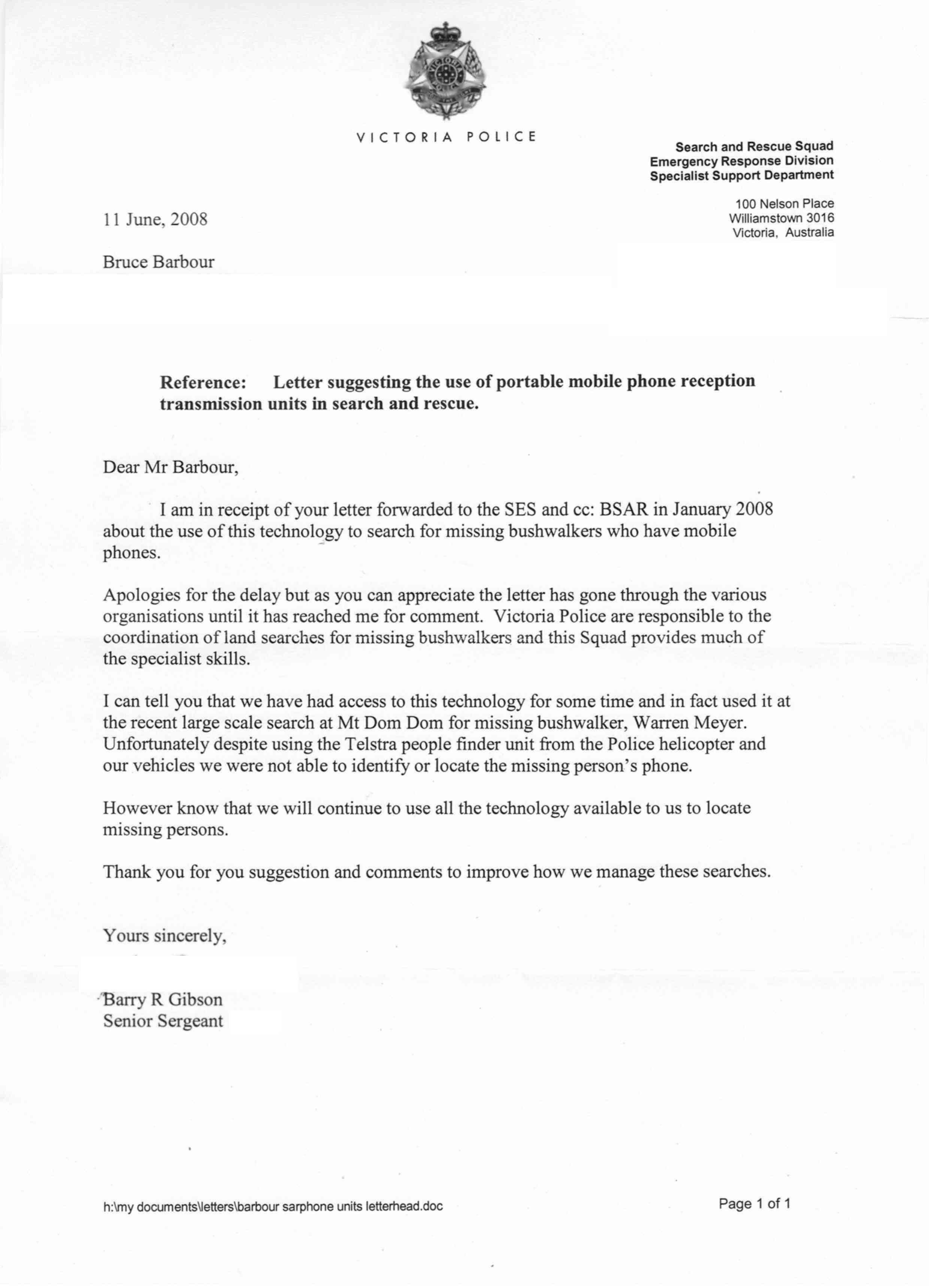 Response Letter From Victorian Police Search and
                Rescue